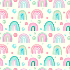 Seamless pattern of pastel rainbow kids design on a yellow background Hand painted baby shower decor Nursery art