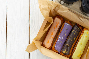 Group of colorful eclair cakes close up