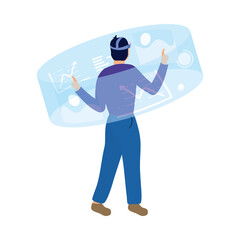 young man using reality virtual tech in interactive display