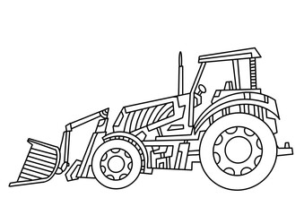 Construction machinery, tractor. Coloring book for children. Road car, truck, movement. Simple lines, copyright illustrations.
