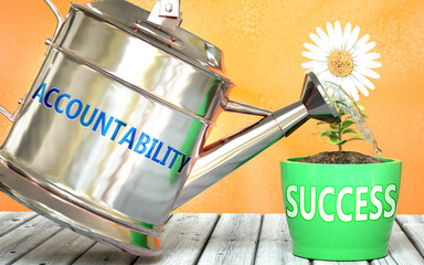 Accountability helps achieve success - pictured as word Accountability on a watering can to show that it makes success to grow and it is essential for profit in life, 3d illustration