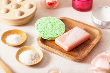 skincare products and rose flowers. natural cosmetics for home spa treatment