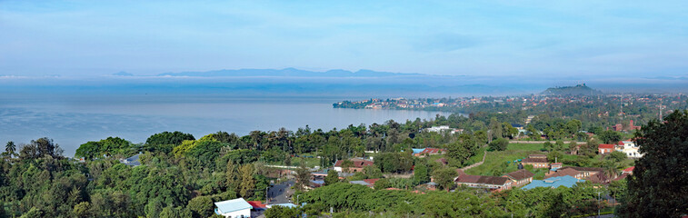 Fototapeta na wymiar Lake Kivu seen from Rubavu in Rwanda, towards Goma in D.R. Congo