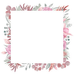 Fototapeta na wymiar Watercolor Floral Boho frame square autumn dried flowers and branches Pink flowers rose Leaves, Tropical leaves, the Branch of eucalyptus. Botanical elements