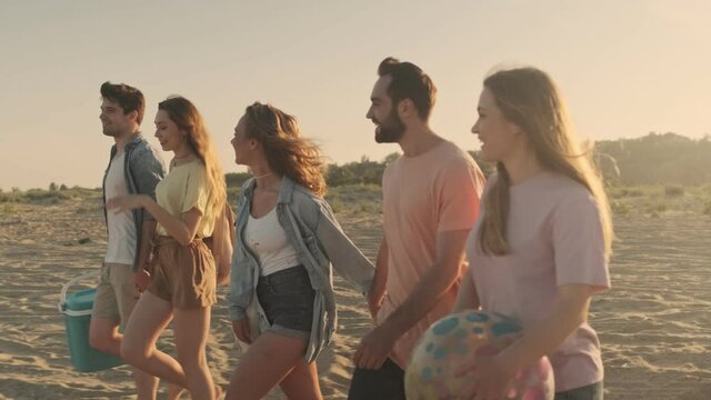 A side-view of a company of happy friends are walking on the beach