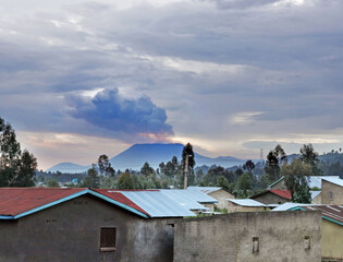 Active Nyiragongo volcano in Virunga National Park in D.R.Congo, seen from Rubavu in Rwanda