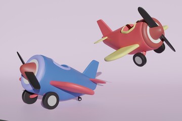 3d rendering airplane in blue tone and red tone