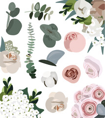 Beautiful vector set of floral elements on a white background for design. Eucalyptus, roses, cotton, ranunculi and greens. Flowers and plants for different holidays. Nice vector flat illustration.