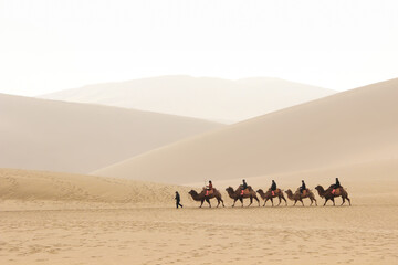 Fototapeta na wymiar DUNHUANG,CHINA-MARCH 11 2016: A group of tourists are riding camel in the Mingsha Shan desert like the caravan as part of the Silk Road in Dunhuang, Gansu, China.