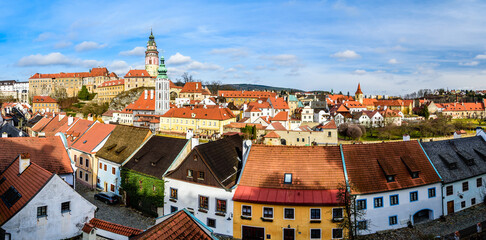 A panoramic view over the city of Cesky Krumlov in Czech republic during the day.