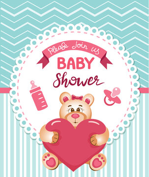 Cute pink and blue baby card for baby birth and baby shower with cute teddy bear with heart in paws