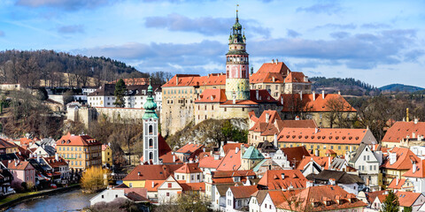 A panoramic view over the city of Cesky Krumlov in Czech republic during the day.