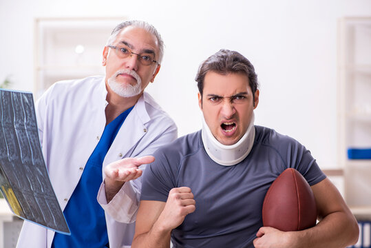 Young american footbal player visiting old doctor radiologist