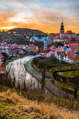 Fototapeta na wymiar A magnificent sunset over the city Cesky Krumov in Czech republic. 