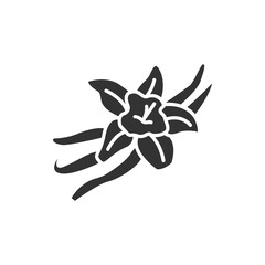 Vanilla pods and flower with caption black glyph icon. Spices, seasoning. Cooking ingredient. Pictogram for web page, mobile app, promo.