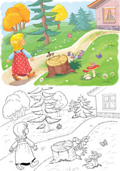 Goldilocks and the three bears. Fairy tale.  One picture from series. Coloring book. Educational book. Illustration for children. Cute and funny cartoon characters