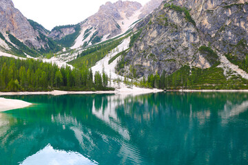 Lake Lago di Braies in Dolomiti Mountains, Italy.