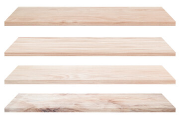 Collection of vintage wooden tabletop or wood shelf isolated on white background. Object with clipping path.