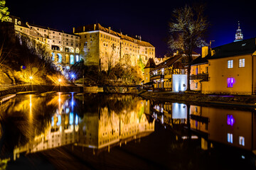 Fototapeta na wymiar A night shot of the historical city center of Cesky Krumlov.