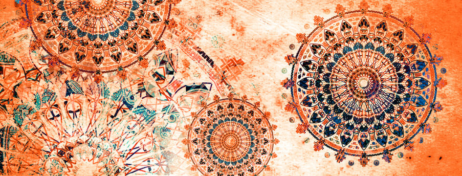 mandala colorful vintage art, ancient Indian vedic background design, old painting texture with multiple mathematical shapes, grunge effect