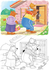 Fototapeta premium Goldilocks and the three bears. Fairy tale. One picture from series. Coloring book. Educational book. Illustration for children. Cute and funny cartoon characters