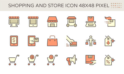 Shopping and store front vector icon set design, 48X48 pixel perfect and editable stroke.
