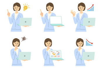 パソコン・ポイントを説明する女性ビジネスマン上半身セット