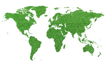 world map in green lawn isolated on white background