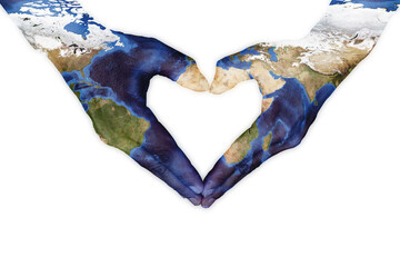 Earth day concept. Hand of shape heart with pattern a world map on white background. Elements of this image furnished by NASA