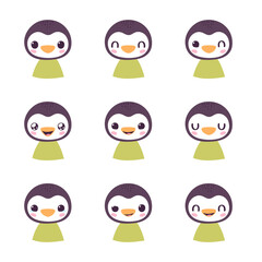 Set of pretty little animal emoji avatars. Cute baby penguin emoticon heads with different faces: happy, sad, laugh, cry, funny, angry.  Vector illustration for baby card, poster and invitation.