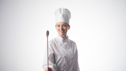 Chef woman. Isolated over white background