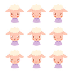 Set of pretty little animal emoji avatars. Cute baby sheep emoticon heads with different faces: happy, sad, laugh, cry, funny, angry.  Vector illustration for baby card, poster and invitation.