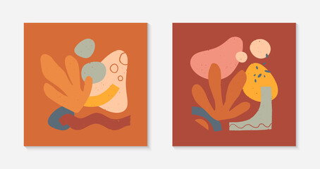 Set of artistic modern vector illustration with vases,leaves,organic shapes,graphic elements.Trendy contemporary design perfect for prints;banners templates;social media,invitations;branding,covers.