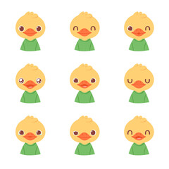 Fototapeta premium Set of pretty little animal emoji avatars. Cute baby duck emoticon heads with different faces: happy, sad, laugh, cry, funny, angry. Vector illustration for baby card, poster and invitation.
