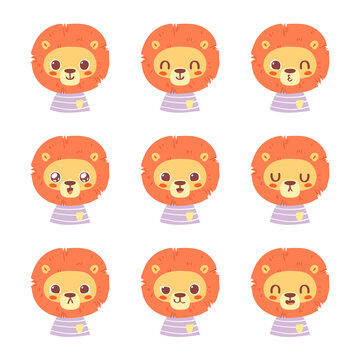 Set of pretty little animal emoji avatars. Cute baby lion emoticon heads with different faces: happy, sad, laugh, cry, funny, angry.  Vector illustration for baby card, poster and invitation.