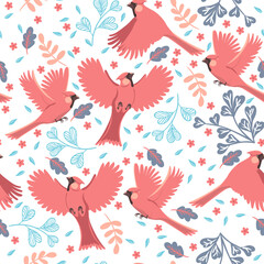 Seamless pattern with red cardinal birds. Vector graphics.