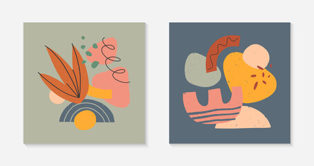 Set of modern vector collages with hand drawn organic shapes,textures and graphic elements.Trendy contemporary design perfect for prints,social media,banners,invitations,branding design,covers