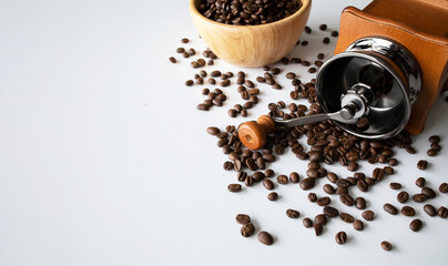 coffee bean on white table background. top view. space for text