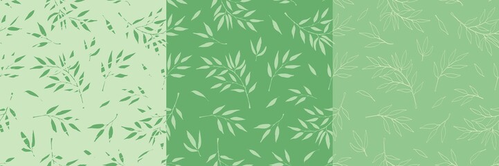 Three seamless pattern with leaves. Set vector illustration in modern painting style. Background for packaging, textiles, printing products with green leaves.