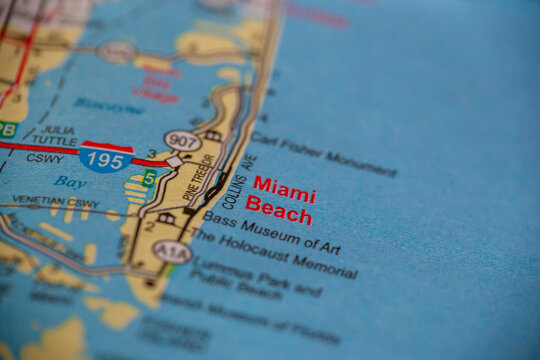WOODBRIDGE, NEW JERSEY - July 13, 2020: A map of Florida is shown with a focus on Miami Beach