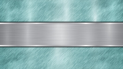 Background consisting of a light blue shiny metallic surface and one horizontal polished silver plate located centrally, with a metal texture, glares and burnished edges