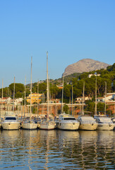Fototapeta na wymiar Yachts in port and Montgo mountain behind, scenic view in the Mediterranean port of Javea on the Costa Blanca, Spain