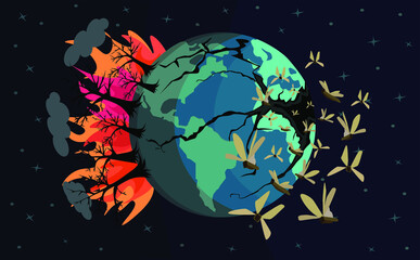 Fototapeta premium conceptual illustration of destruction of environment and planet earth, global warming and climate change, grasshopper cloud formation, vector illustration