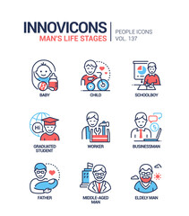 Life stages of a man - line design style icons set