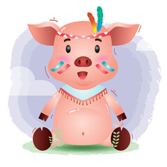 a cute pig in a headdress with feathers. Cartoon apache pig. Vector illustration