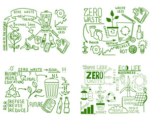 Zero waste concept. Hand drawn doodle sketch vector illustration isolated on white background. Ecological lifestyle and sustainable developments icons. Waste less concept illustration.