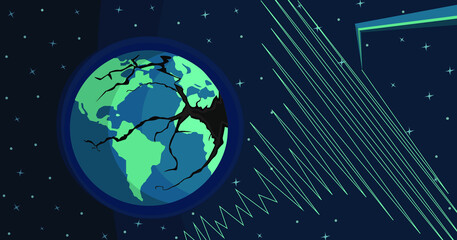 planet earth with a crack after an earthquake, needle of a seismograph registering the seismic shock, starry background, vector illustration
