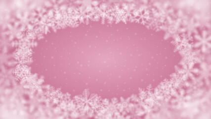 Christmas background of snowflakes of different shape, blur and transparency, arranged in a ellipse, on pink background
