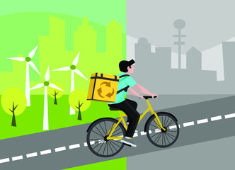 sustainable delivery, bicycle delivery man, recyclable material symbol, city turning green as the digger moves forward, delivery with less impact on the environment, vector illustration