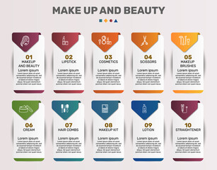 Infographic Makeup And Beauty template. Icons in different colors. Include Makeup And Beauty, Lipstick, Cosmetics, Scissors and others.